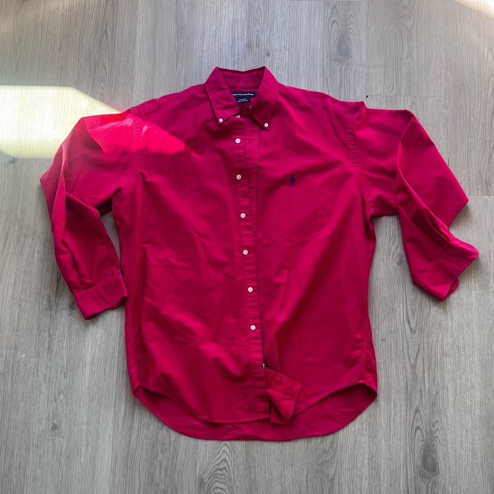 Polo button down. Bright pinkish red
